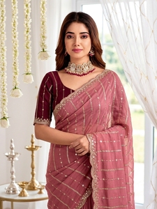 Elegant <b>Maroon</b> Silk <b>Saree</b> With Gold Embroidery Traditional Indian Wedding Wear For Women Floor-Length Regular Fit - Product Image 3