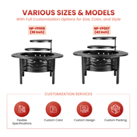 Table de foyer extérieur avec barbecue, foyer rond moderne en acier pour patio, jardin, feu de camp FP006