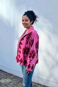 Blazer matelassé brodé en toile rose écologique à motif floral, manches longues, col rond, simple boutonnage, veste pour femme, automne - Product Image 2