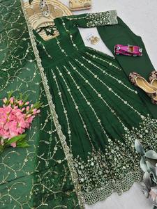 Designer Green Anarkali Gown for Women with Heavy Embroidery and Dupatta Traditional Festive Wedding <b>Party</b> Wear - Product Image 5