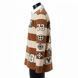 Maillot de rugby pour femme en coton piqué 260 GSM, marron beige, avec empiècements rayés et appliqué brodé, logo personnalisé - Product Image 3