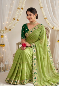 AARA Fashion Saree en soie vert brodé avec chemisier, protection solaire, tenue de mariage, sari indien traditionnel pour femme, longueur au sol - Product Image 5