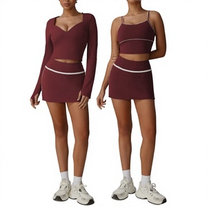Ensemble 2 pièces pour femme : Jupe taille haute et crop top, couleur unie, en Spandex et Polyester respirant, pour Yoga et Course à pied, Col carré - Product Image 6