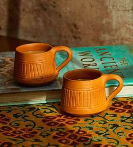 Handmade Terracotta <b>Tea</b> Cup and Saucer <b>Set</b> Vintage Embossed Ceramic Drinkware for Home Office <b>Party</b> - Product Image 3