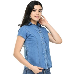 Women's Denim <b>Shirt</b> <b>Half</b> Sleeve Knitted <b>Button</b> Custom Design Regular Fit Casual Wear - Product Image 3
