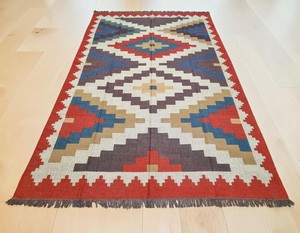 Handmade Kilim Area <b>Rug</b> Geometric Pattern Flatweave Wool Acrylic Rectangle Living Room <b>Boho</b> Tribal Style Jute Backing - Product Image 1