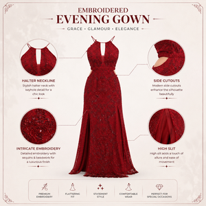 Luxury Red Embroidered Evening Gown for Women | High Slit Halter Neck Formal Maxi Dress | Elegant Prom Wedding Reception Party - Product Image 3