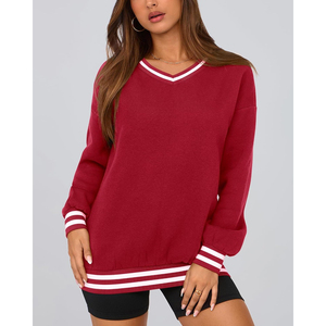 OEM <b>Women's</b> Casual Long Sleeve Stripes Knit <b>V</b> <b>Neck</b> Top Oversized <b>Sweatshirt</b> Made Pure Cotton Fleece Unisex Pullover <b>Sweatshirt</b> - Product Image 6
