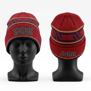 Bonnet de rugby pour femme de haute qualité, 320 GSM, tricot acrylique doux, vert marine à rayures, avec logo brodé. - Product Image 2