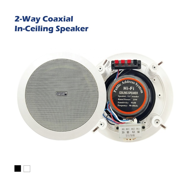 5.5" 2-Way Passive Ceiling Speaker with Transformer 70V 100V Ultra Thin for BGM and Paging Black or White