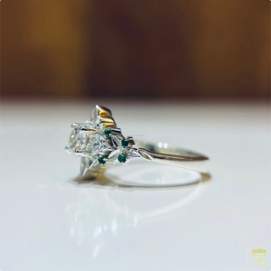 Gorgeous Princess Cut Moissanite Diamond <b>Ring</b> In Authentic 925 Sterling Silver With Sparkling Green Accent Stones - Product Image 4