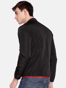 Chaqueta Bomber Negra para Hombre, Cortavientos, Cuello Alto, Cierre de Cremallera Frontal, Color Sólido, Corte Ajustado, para Otoño, Material de Poliéster - Product Image 3