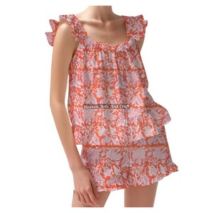 Vente chaude fille vêtements de nuit Shorts pyjama ensemble 100% coton tissu printemps/été Floral ajusté bretelles volants garniture manches PJ ensemble - Product Image 2