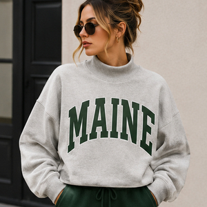 Custom Heavyweight Streetwear Sweatshirt <b>Women</b> Oversized Maine Varsity Graphic Print Pullover Off <b>White</b> Lettering Fall Winter - Product Image 2