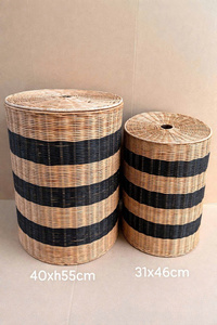 Cesta de Almacenamiento Tejida de Ratán Natural con Tapa, Forma Circular, Rayas Negras y Beige, 40x55cm y 31x46cm, para Almacenamiento de Ropa - Product Image 4
