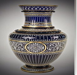 Vase géométrique orné bleu profond et argenté, à corps large et motifs complexes, disponible à prix de gros. - Product Image 1