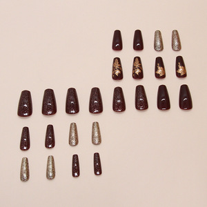 24 pièces de faux ongles en ABS brillant, couleur ambre doré, forme amande, embossés, style français, pour femmes, avec colle - Product Image 4