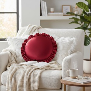 Modern Round Red Satin Throw <b>Pillow</b> with Soft Gathered Edge Decorative Cushion Cover for Interiors - Product Image 2
