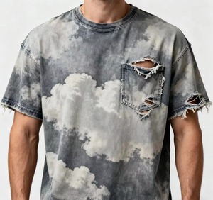 T-shirt en coton rayé tie-dye surdimensionné pour homme avec manches effet usé, style streetwear, col rond, coupe classique - Product Image 5