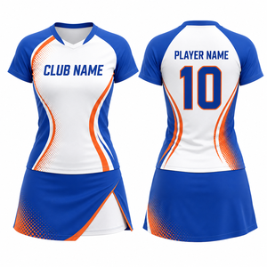 ชุดวอลเลย์บอลหญิงแบบกำหนดเอง MEGAMAPLE สีขาว น้ำเงิน ส้มไล่เฉด พิมพ์ลายแบบ Sublimation แห้งเร็ว คอวี แขนสั้น - Product Image 1