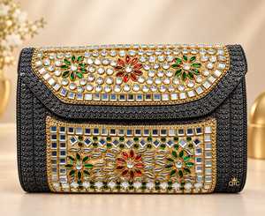<b>Black</b> Gold Stone Beaded Chain Strap Durable Velvet Lining Fashion Clutch <b>Bag</b> <b>Rhinestone</b> Wedding Christmas Party Purse for Women - Product Image 1