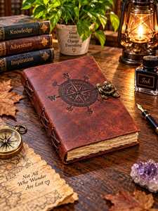 Embossed Compass Leather Journal 7x5 Inch with Clasp Deckle Edge Paper <b>Travel</b> <b>Diary</b> Distressed Brown Notebook - Product Image 1