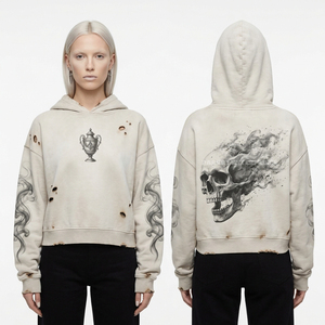 Sudadera con capucha para mujer de alta gama, 400GSM, color blanco crema, con gráfico de calavera fumando y estampado de cáliz en el pecho, estilo estético, con efecto quemado y desgastado, personalizada. - Product Image 1