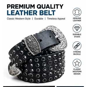 Ceinture vintage cloutée en cuir véritable à 100 %, boucle ardillon style western, sangle noire décorative à rivets pour tenues décontractées, de soirée ou de motard - Product Image 2