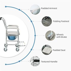 Silla de Inodoro Rodante Impermeable Gris con Asiento Acolchado, Silla de Ducha con Ruedas para Baño, Equipo de Seguridad - Product Image 4