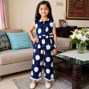 Prêt à expédier : Ensemble 2 pièces pour filles, hauts à volants à pois et pantalon large, vêtements décontractés pour enfants, vente en gros - Product Image 5
