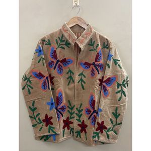 Hand Embroidered Velvet Knitted Cotton <b>Jacket</b> Women <b>Mandarin</b> <b>Collar</b> Full Sleeve Floral Pattern Open Front Prairie Winter/Spring - Product Image 1
