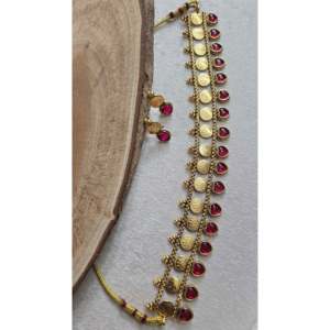<b>Ruby</b> Kerala Pearl Small Choker <b>Necklace</b> 14K-24K Gold Plated Brass Religious Style - Product Image 4