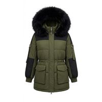 Manteau d'hiver long matelassé en polyester noir olive personnalisé pour femme avec capuche en fourrure et poches