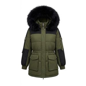Manteau d'hiver long matelassé en polyester noir olive personnalisé pour femme avec capuche en fourrure et poches - Product Image 1