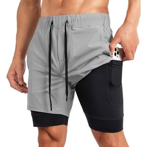 2025 pantalones cortos para correr de secado rápido 2 en 1 para hombre con forro de compresión bolsillos con cremallera y pantalones cortos de entrenamiento con logotipo tejido con lazo de toalla - Product Image 2