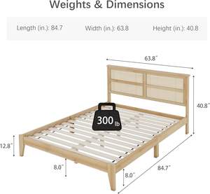 Cadre de lit Queen 8 pouces Plate-forme en bois de caoutchouc massif Assemblage facile Tête de lit en rotin de style Boho Aucun ressort de boîte nécessaire Lits en bois - Product Image 2