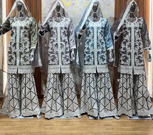 "Lujo Rasbery Russian Plazo Gharara Front & Back Kashmiri Bordado, Zarkan Stones, Heavy Dupatta (4-Piece Wholesale Set)" - Product Image 1