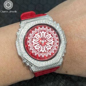 Charm Jewells Luxury Stainless Steel <b>Watch</b> Red Dial <b>Diamond</b> Bezel Analog Quartz Polygon Case Silicone Band Unisex - Product Image 5