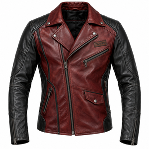 Blouson de motard en cuir véritable bicolore rouge et noir pour homme, style streetwear, vente en gros - Product Image 1