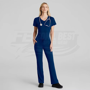 Women <b>Blue</b> Scrub Tops V-Neck Short Sleeve Polyester Hospital Uniforms for Medical Staff Custom Design - Product Image 5