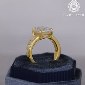 Charm_Jewells Women's Yellow <b>Gold</b> Plated Emerald Cut Moissanite <b>Cocktail</b> <b>Ring</b> Channel Setting Luxury Geometric Design - Product Image 2