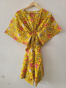 Kimono de Algodón Hecho a Mano para Mujer, Amarillo con Estampado Floral, Estilo Bohemio, Casual, Ecológico, Cintura Alta, Ropa de Resort, Midi - Product Image 3