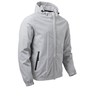 Men's Gray Hooded Puffer <b>Jacket</b> Zipper Closure Casual Solid Color Polyester Windproof Autumn Wear Regular Fit - Product Image 4
