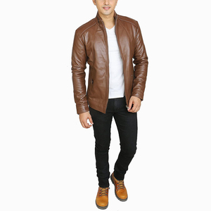 Veste en cuir d'agneau pour homme, style streetwear, hiver, qualité supérieure, avec impression de logo personnalisée et col montant. - Product Image 2