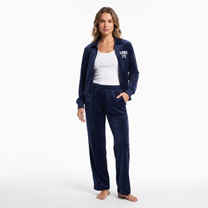 Conjunto de Dos Piezas de Terciopelo Azul Marino para Mujer, Diseño de Última Moda, Manga Larga, Corte Holgado, Cuello Camisero, Pantalón Jogger, Ropa Casual - Product Image 3