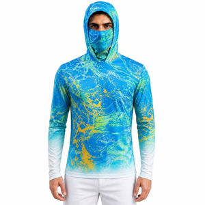 Wholesale Men's Sublimation Printed Long Sleeve Fishing Hoodie UPF 50 Anti-Uv Quick Dry Blue Green Pattern Pullover Shirt - Product Image 1