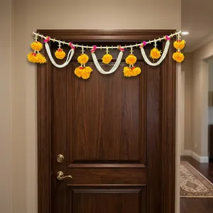 Bohemian Macrame <b>Wall</b> Hanging With Yellow Pom Poms And White Beads For Home <b>Decor</b> Wedding - Product Image 3