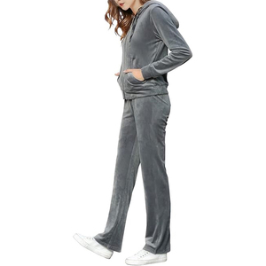 Velvet Hooded Tracksuit Set Full Zip Long Sleeve Solid Color Loose Fit Casual All Seasons Sportswear <b>Pants</b> Two Piece Outfit - Product Image 2