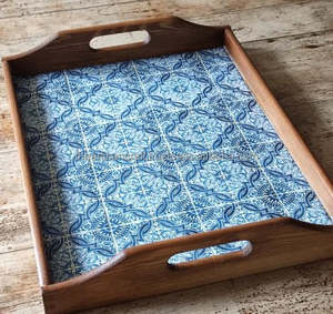 Eco-Friendly Artisan Craft <b>Wooden</b> <b>Serving</b> <b>Tray</b> with Enamel Design for Kitchen Dining Table Home Decor and Presents - Product Image 1