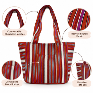Recycled Nylon <b>Fabric</b> <b>Tote</b> <b>Bag</b> Colorful Striped Shopping Shoulder <b>Bag</b> Reusable Eco Friendly Carry <b>Bag</b> - Product Image 6